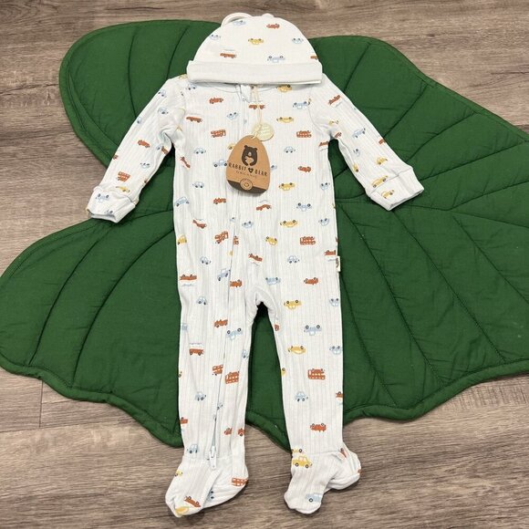Rabbit + Bear 6-9M Car Print Ribbed Footie & Hat Set Outfit Organic Cotton - Picture 1 of 5